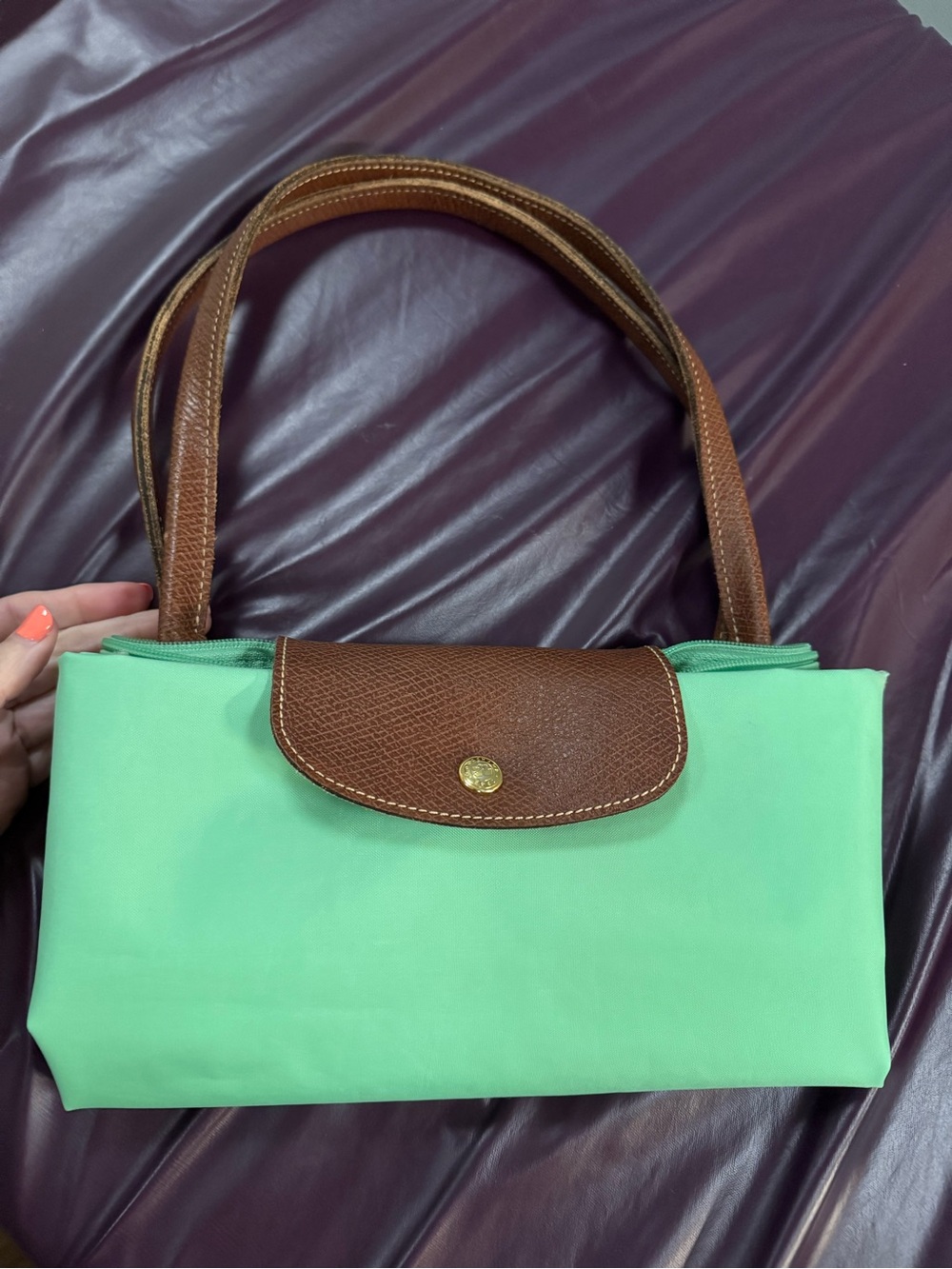 Longchamp Green Tote with Pink Lettering and Brown Trim - Picture 13 of 14